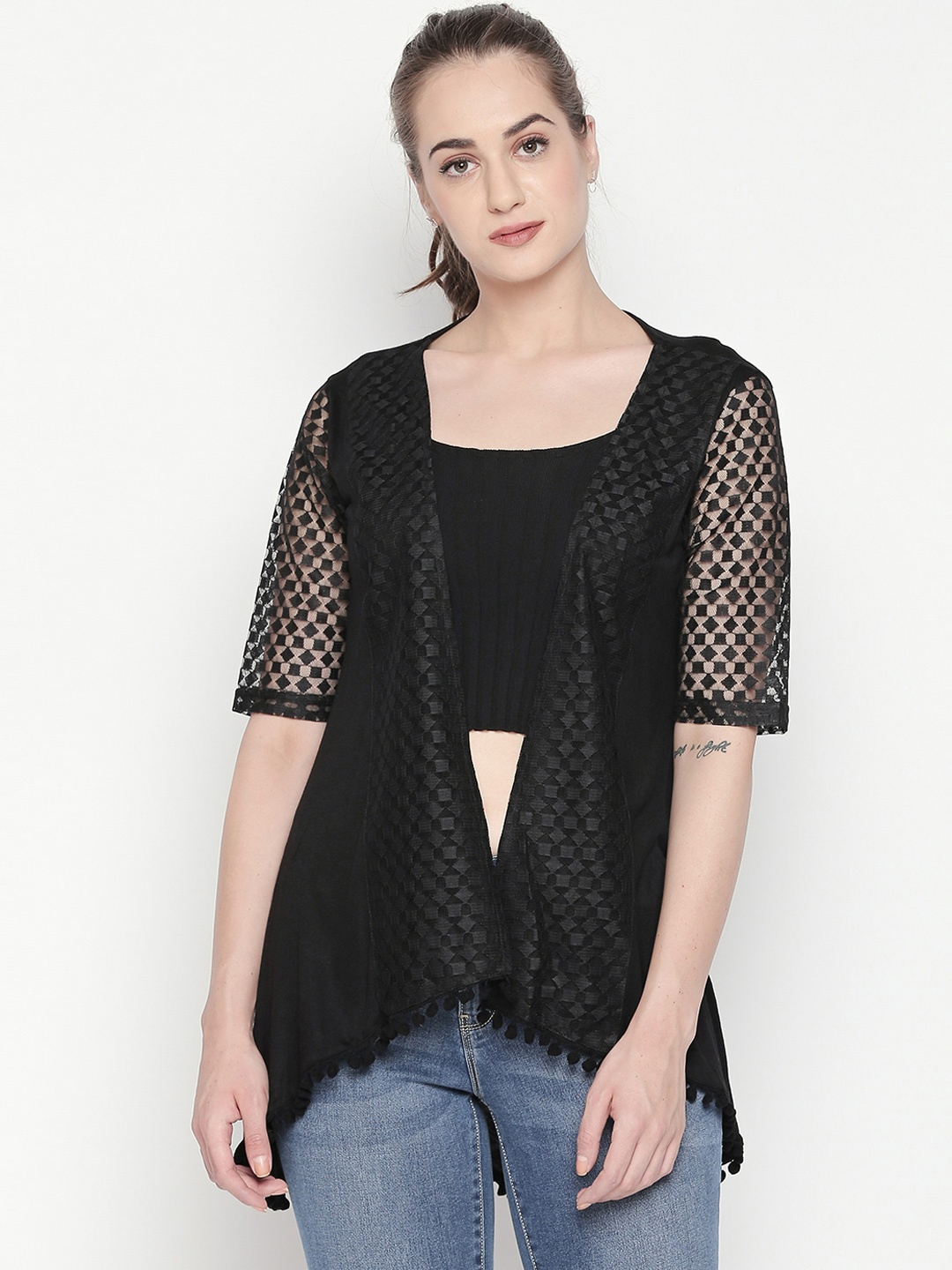 

Style Quotient Women Black Self Design Open Front Shrug