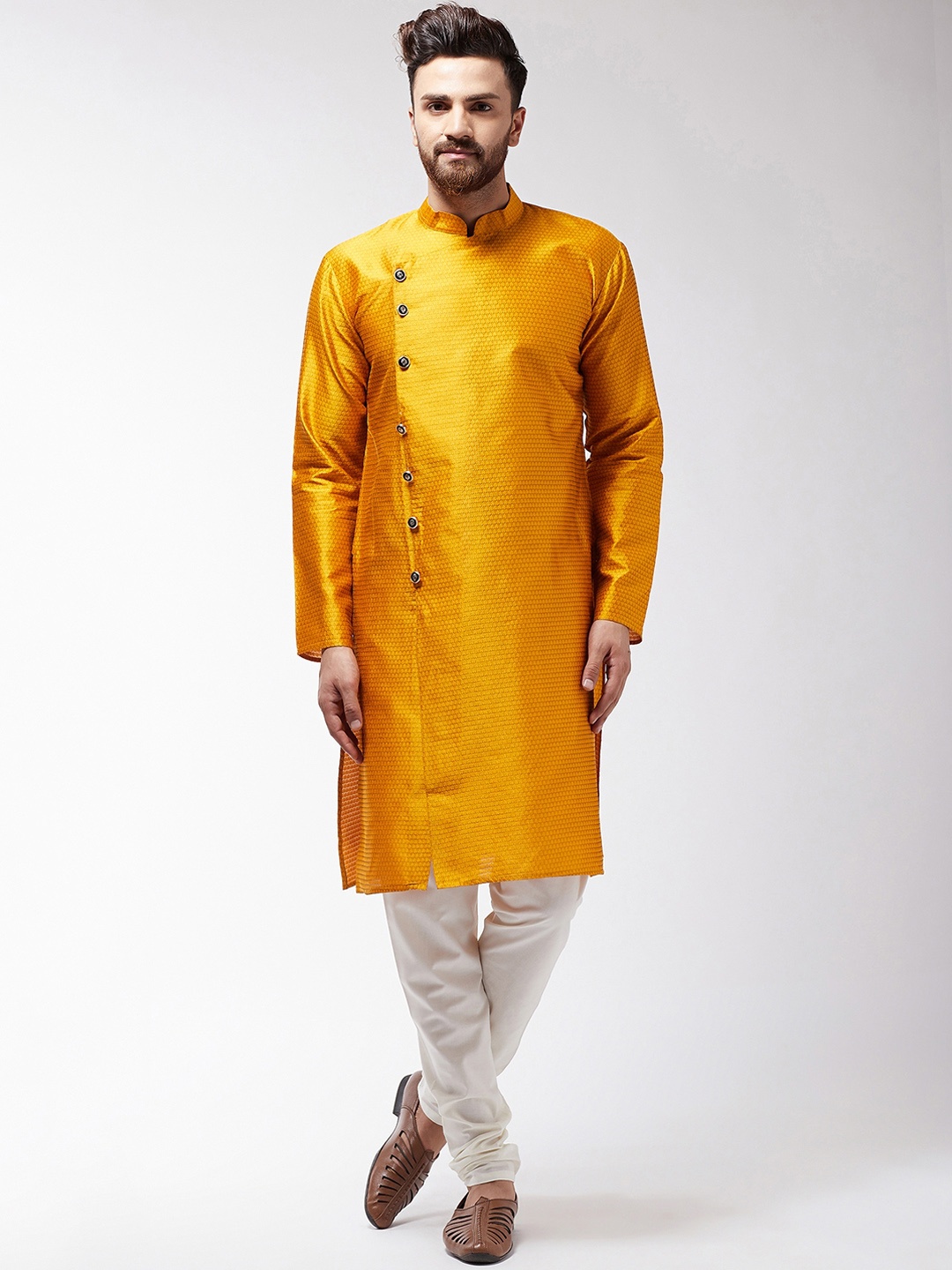 

SOJANYA Men Mustard Yellow & Off-White Self Design Kurta with Churidar