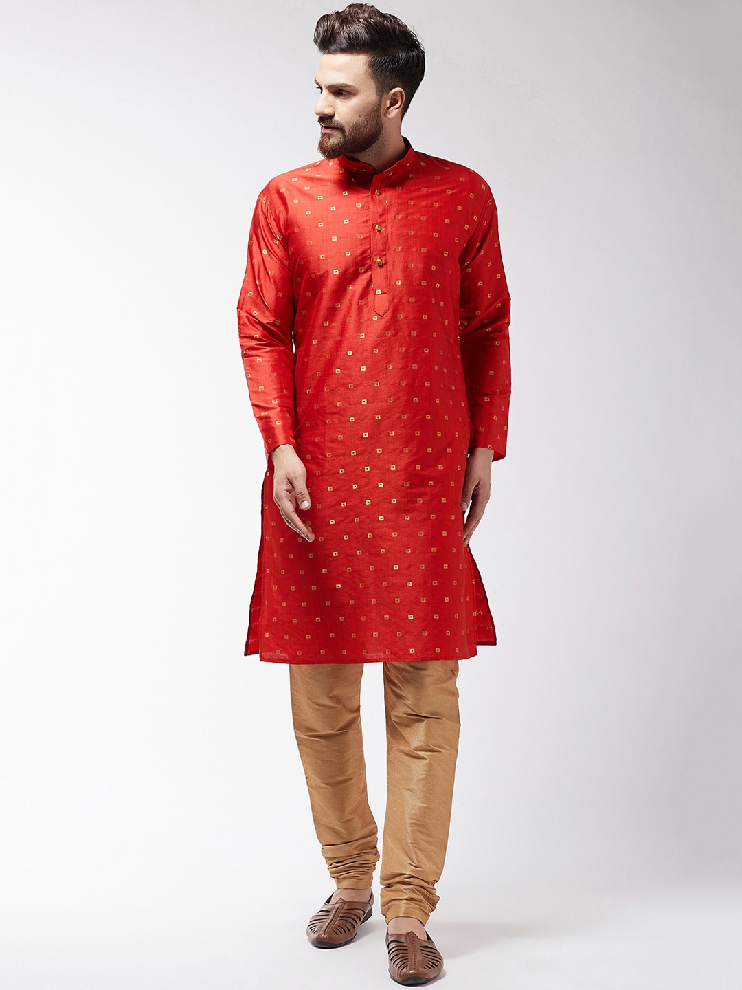 

SOJANYA Men Orange & Gold-Coloured Self Design Kurta with Churidar