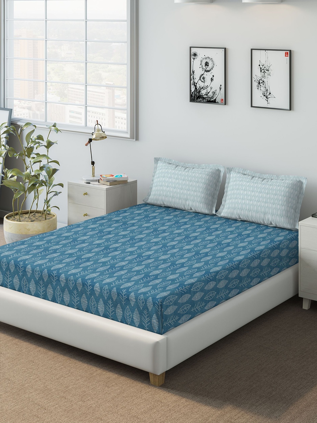 

DDecor Blue Floral 140 TC Cotton 1 Queen Bedsheet with 2 Pillow Covers