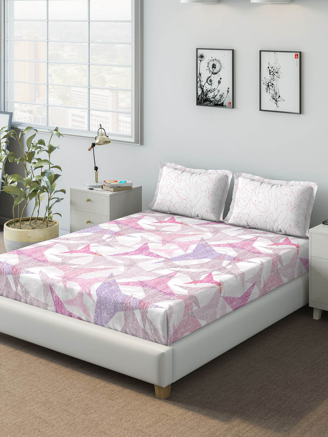 

DDecor Purple Abstract 140 TC Cotton 1 Queen Bedsheet with 2 Pillow Covers