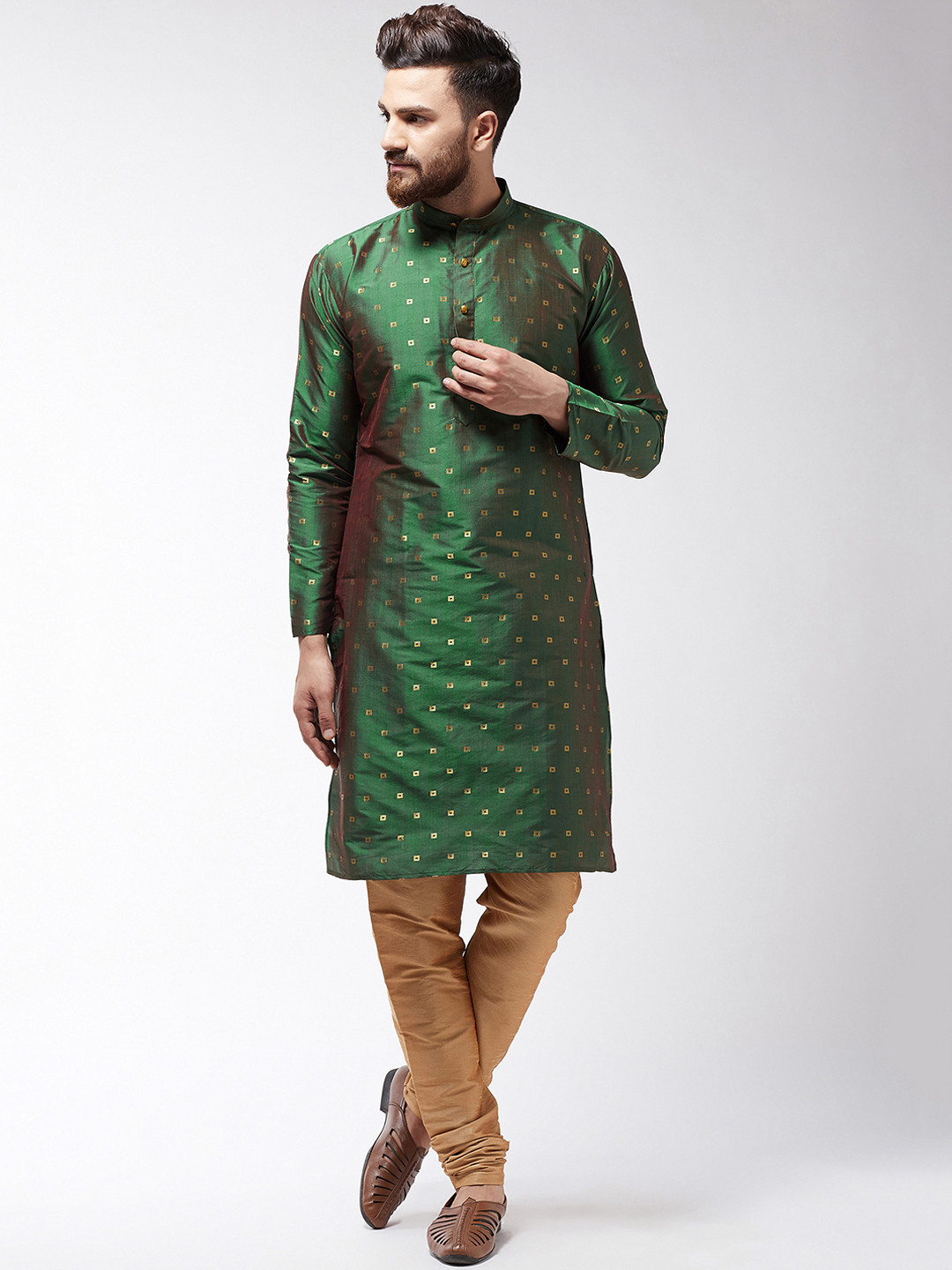

SOJANYA Men Green & Gold-Coloured Self Design Kurta with Churidar