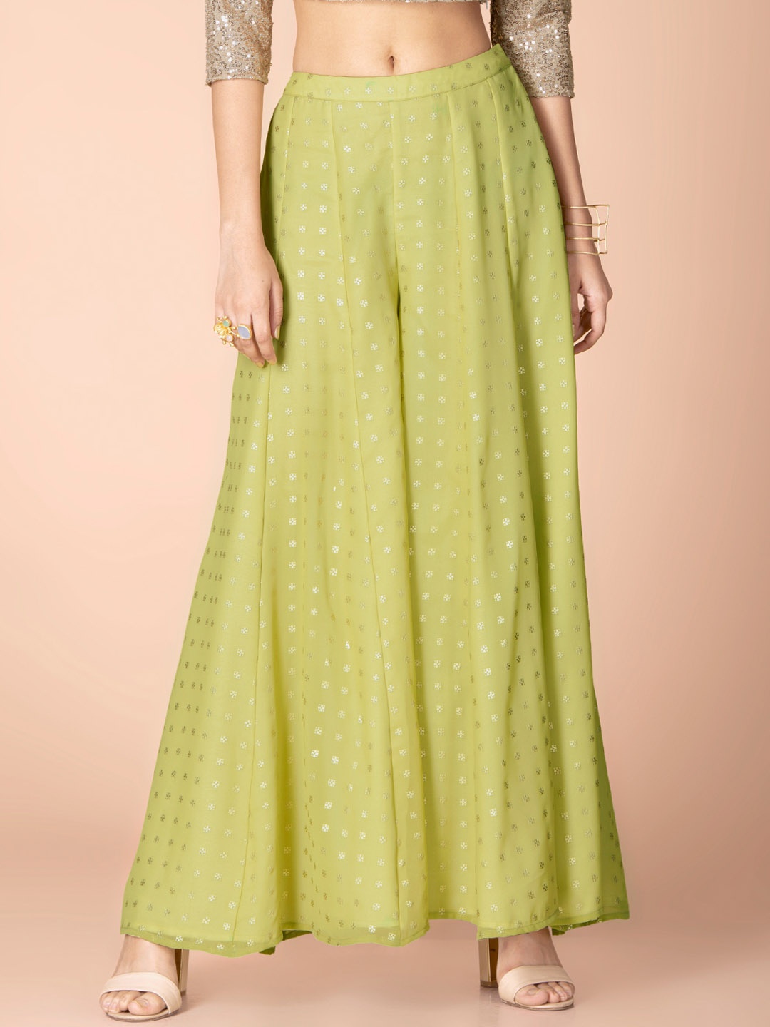 

INDYA Women Green & Beige Self Design Flared Palazzos