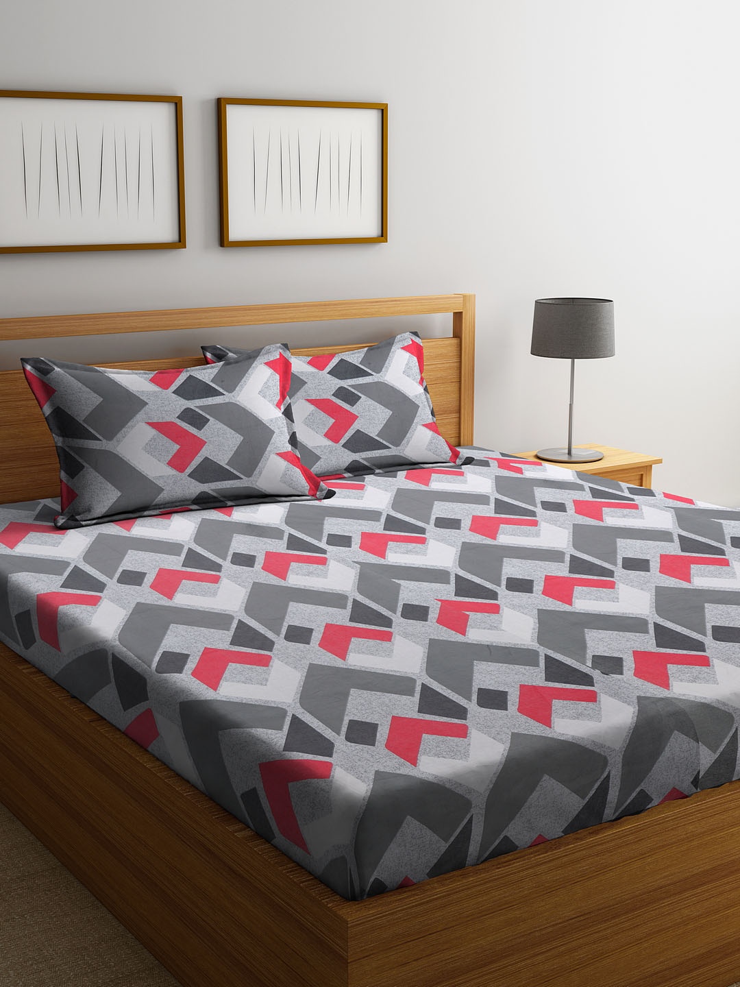 Cortina Grey Geometric 120 TC Cotton 1 Queen Bedsheet with 2 Pillow Covers
