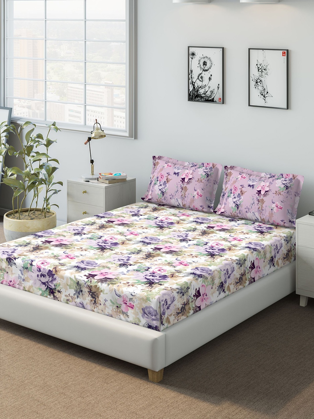

DDecor Purple Floral 140 TC Cotton 1 Queen Bedsheet with 2 Pillow Covers