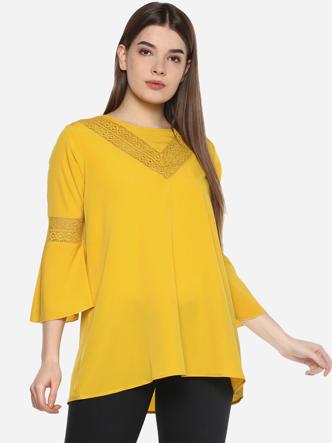 

Qurvii Plus Size Women Yellow Solid High-Low Top