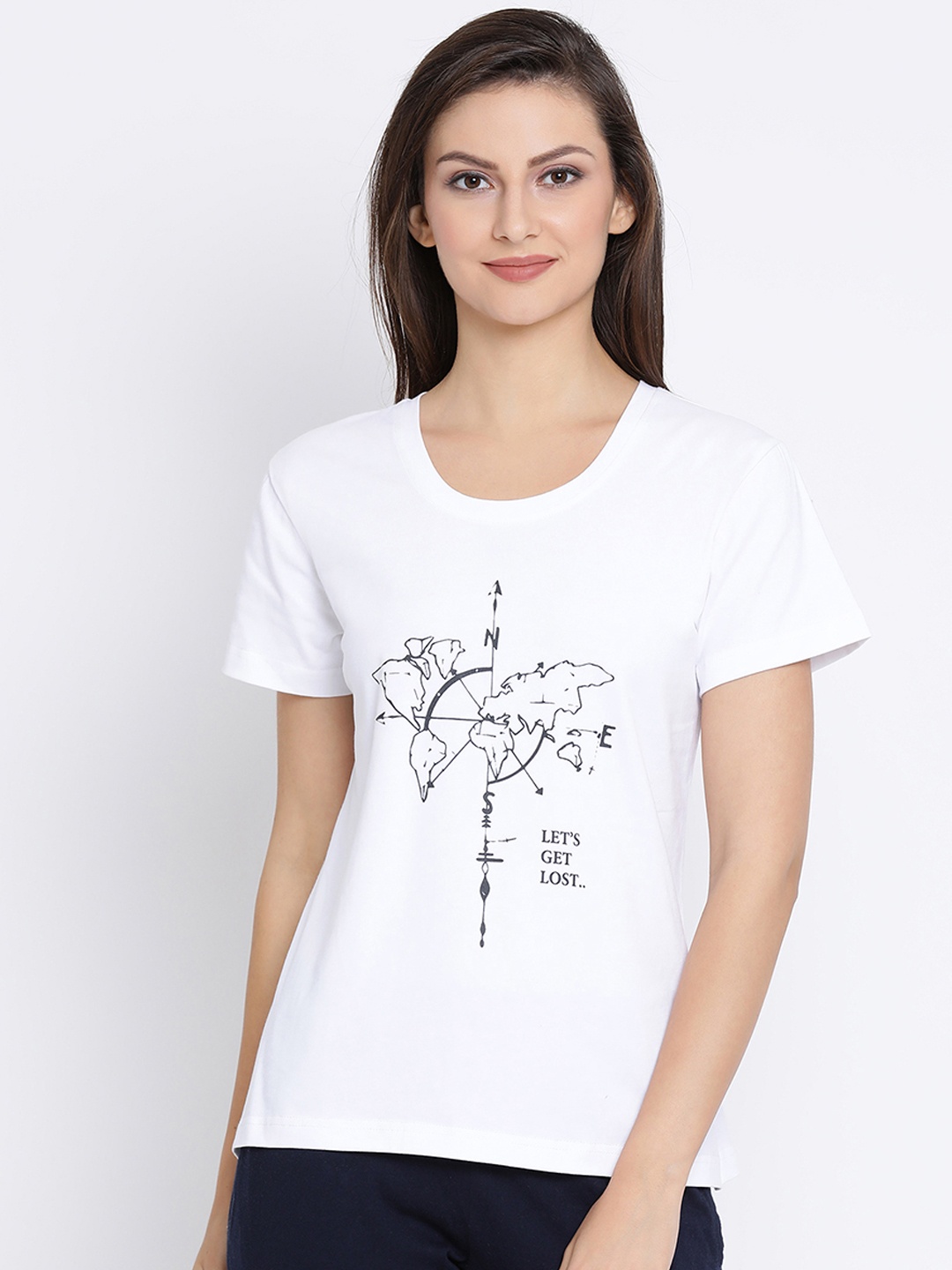 

Clovia Women White Printed Round Neck T-shirt
