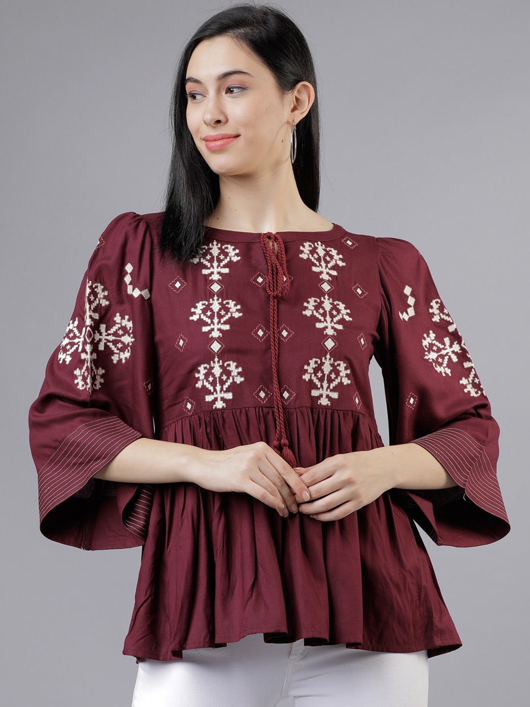

Tokyo Talkies Women Burgundy Embroidered A-Line Top