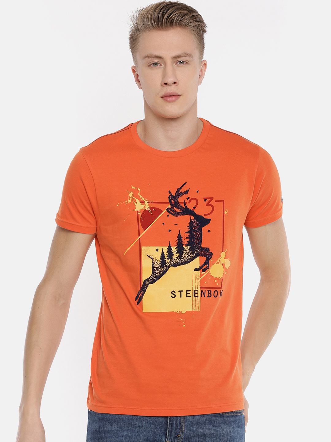 

Steenbok Men Orange Printed Round Neck T-shirt