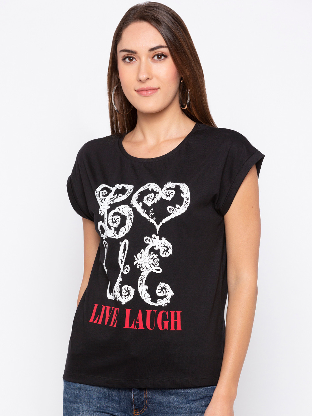 

Globus Women Black Printed Round Neck T-shirt