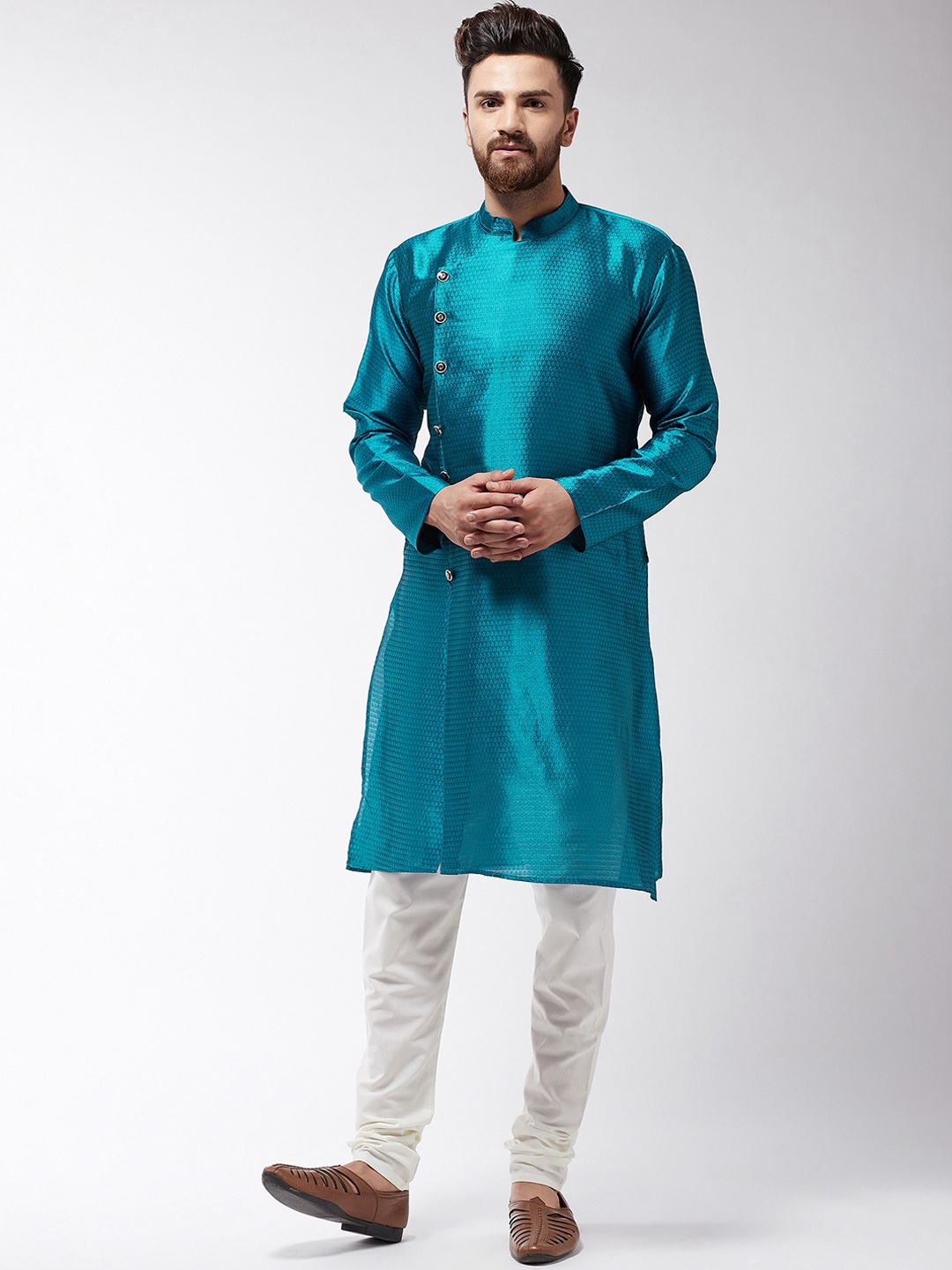 

SOJANYA Men Teal Blue & Off-White Self Design Kurta with Churidar