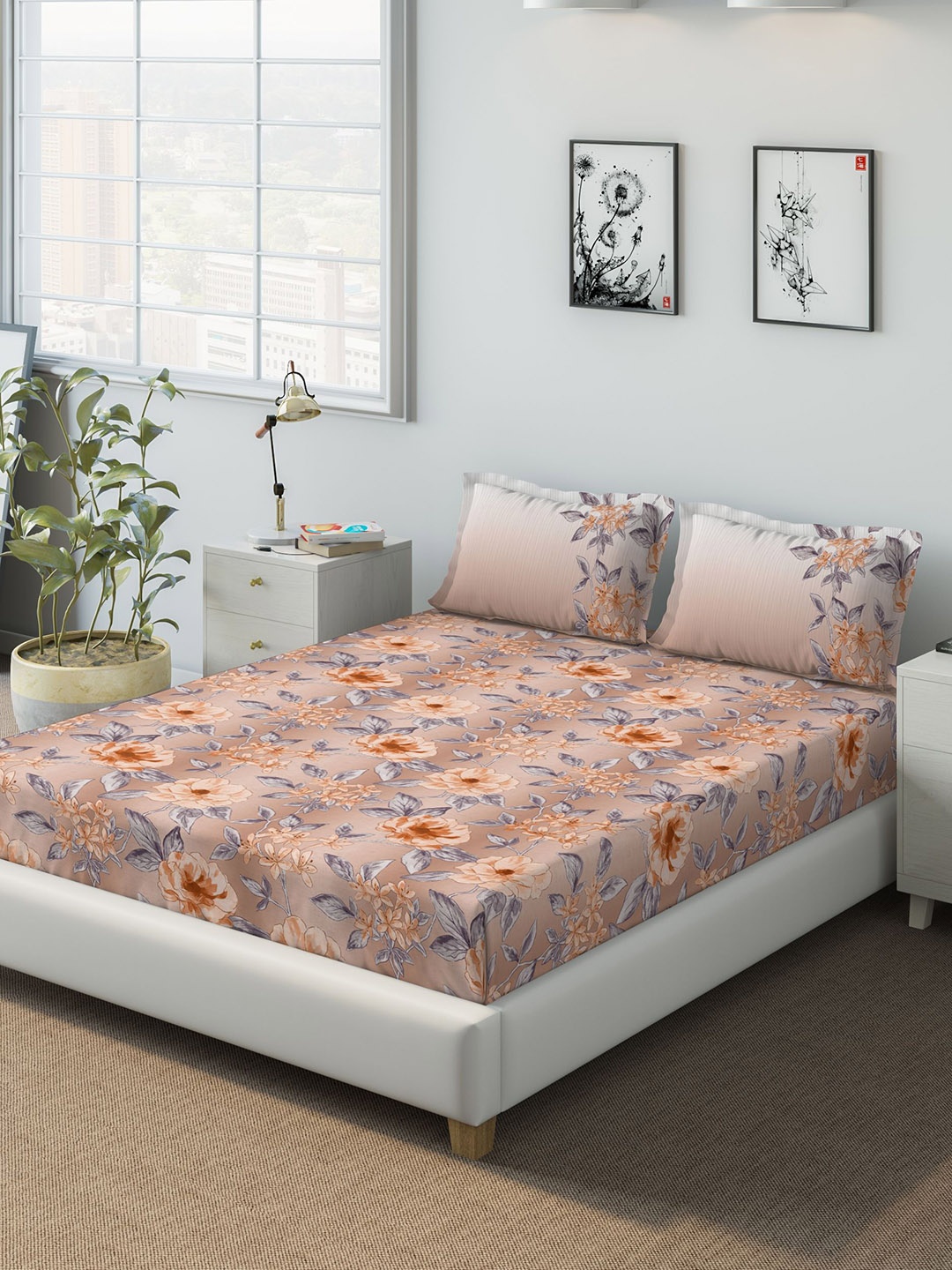 

DDecor Brown Floral 140 TC Cotton 1 Queen Bedsheet with 2 Pillow Covers