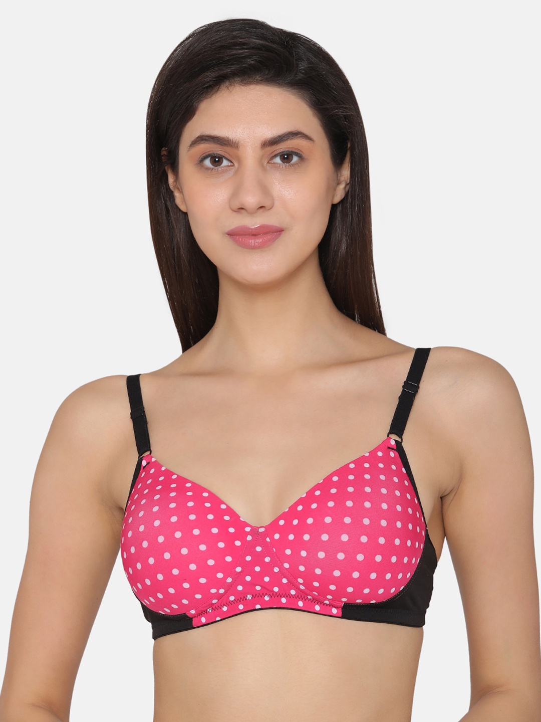 Clovia Lightly Padded Non-Wired Polka Print T-Shirt Bra, Pink