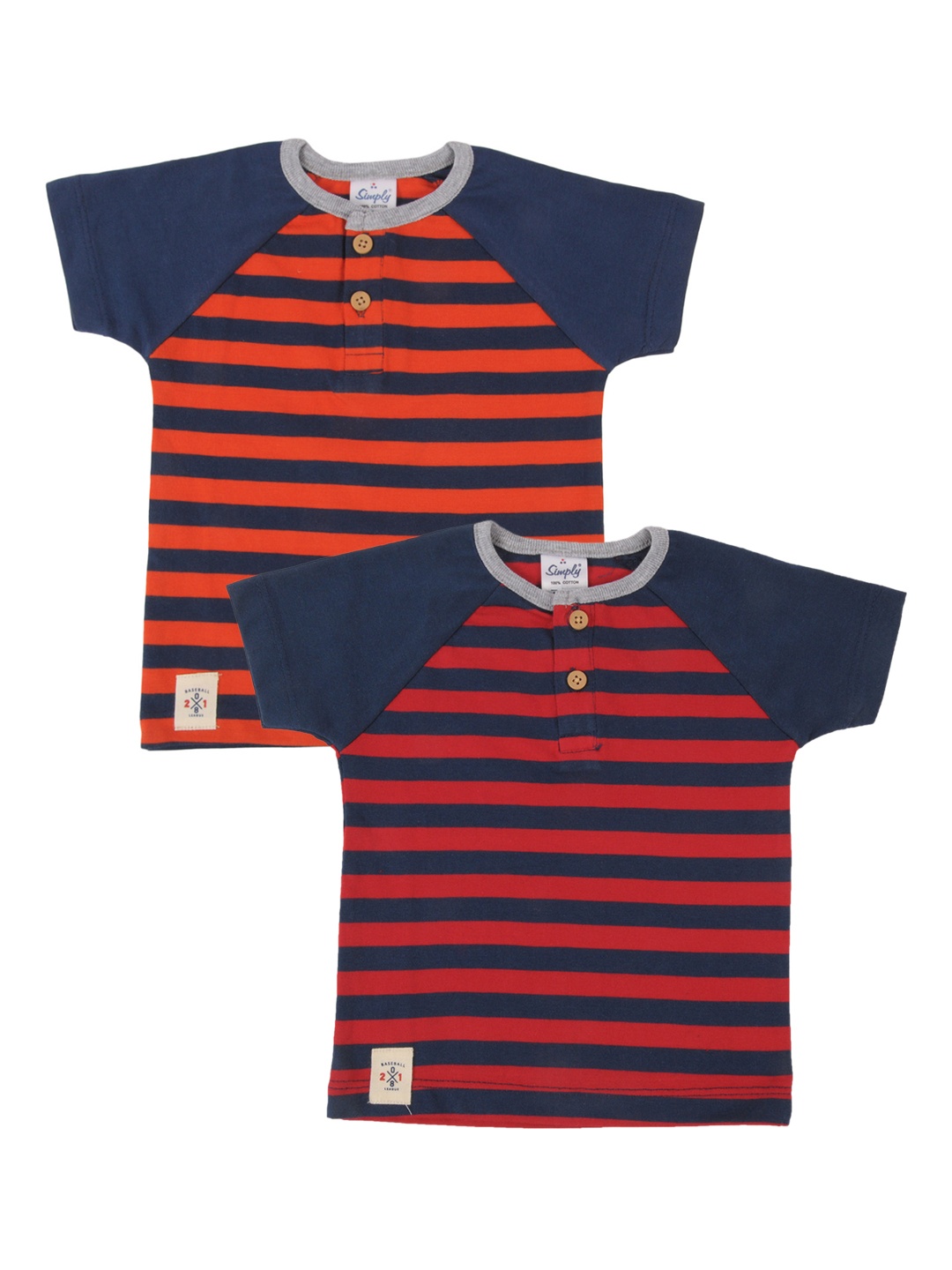 

Simply Boys Pack of 2 Striped Round Neck Pure Cotton T-shirts, Red