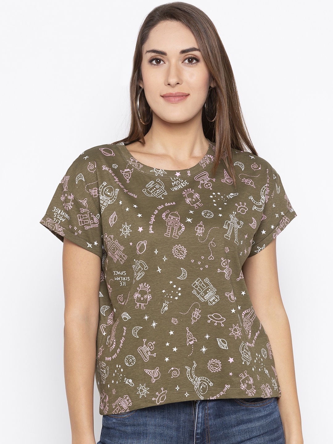 Globus Women Olive Green Printed Round Neck T-shirt