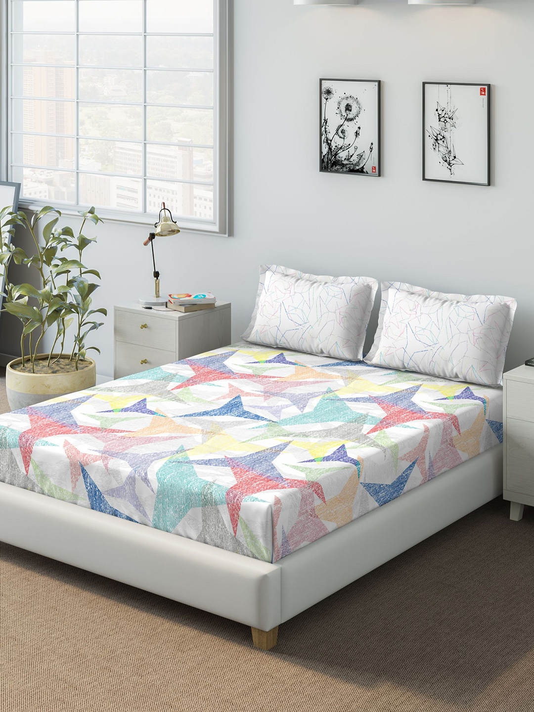 

DDecor Blue Abstract 140 TC Cotton 1 Queen Bedsheet with 2 Pillow Covers