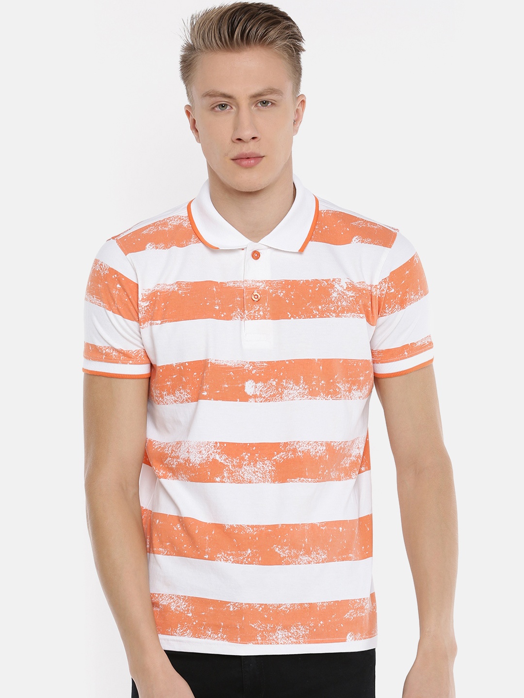 

Steenbok Men Orange & White Striped Polo Collar T-shirt