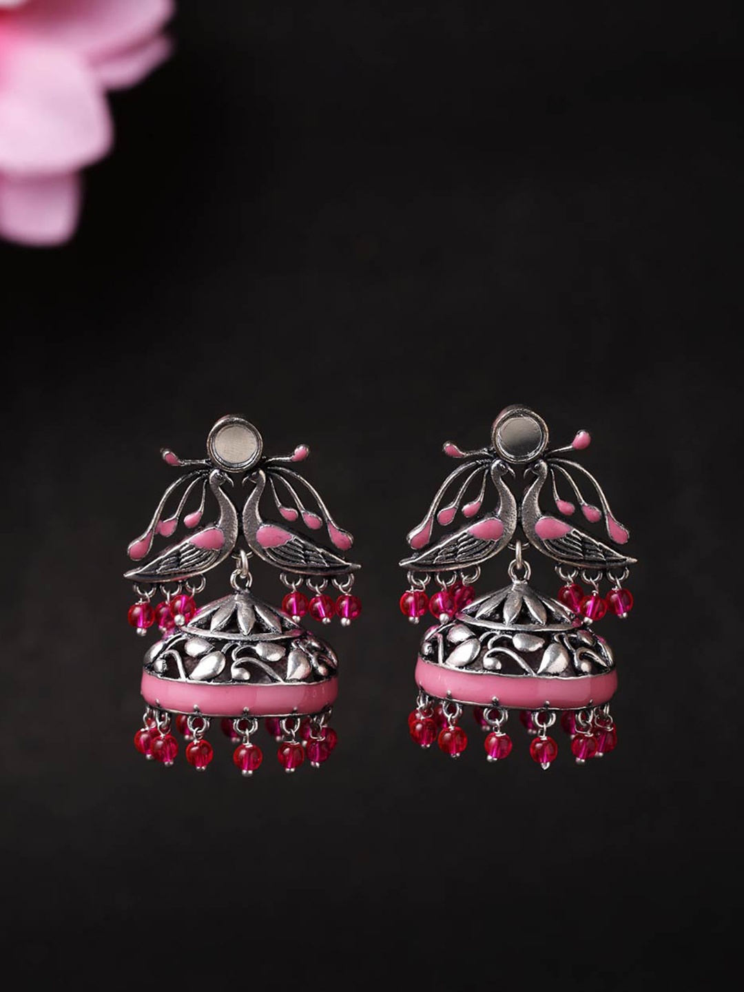 

Voylla Silver-Toned & Pink Geometric Jhumkas