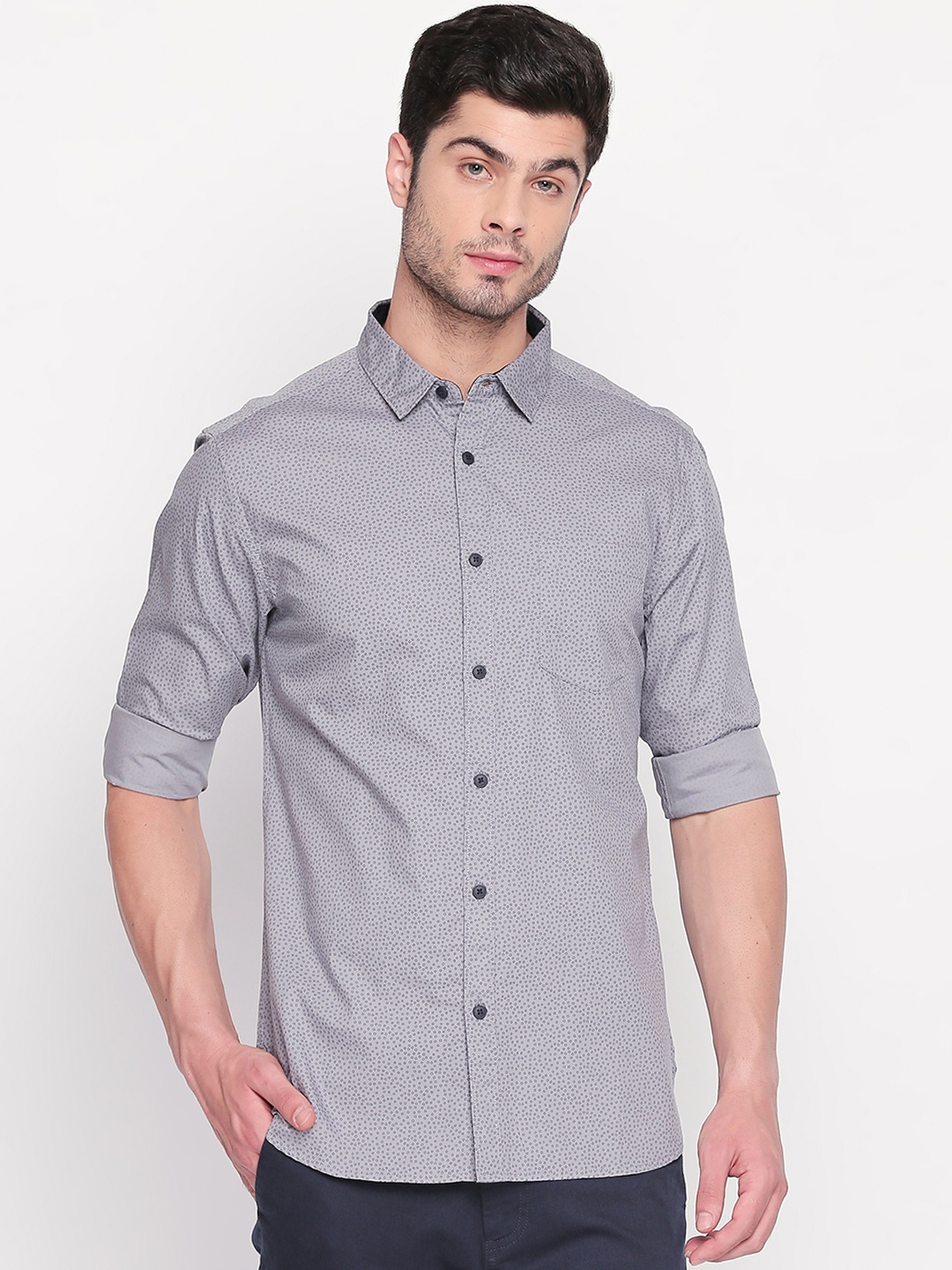 

BYFORD by Pantaloons Men Grey & Blue Slim Fit Printed Casual Shirt