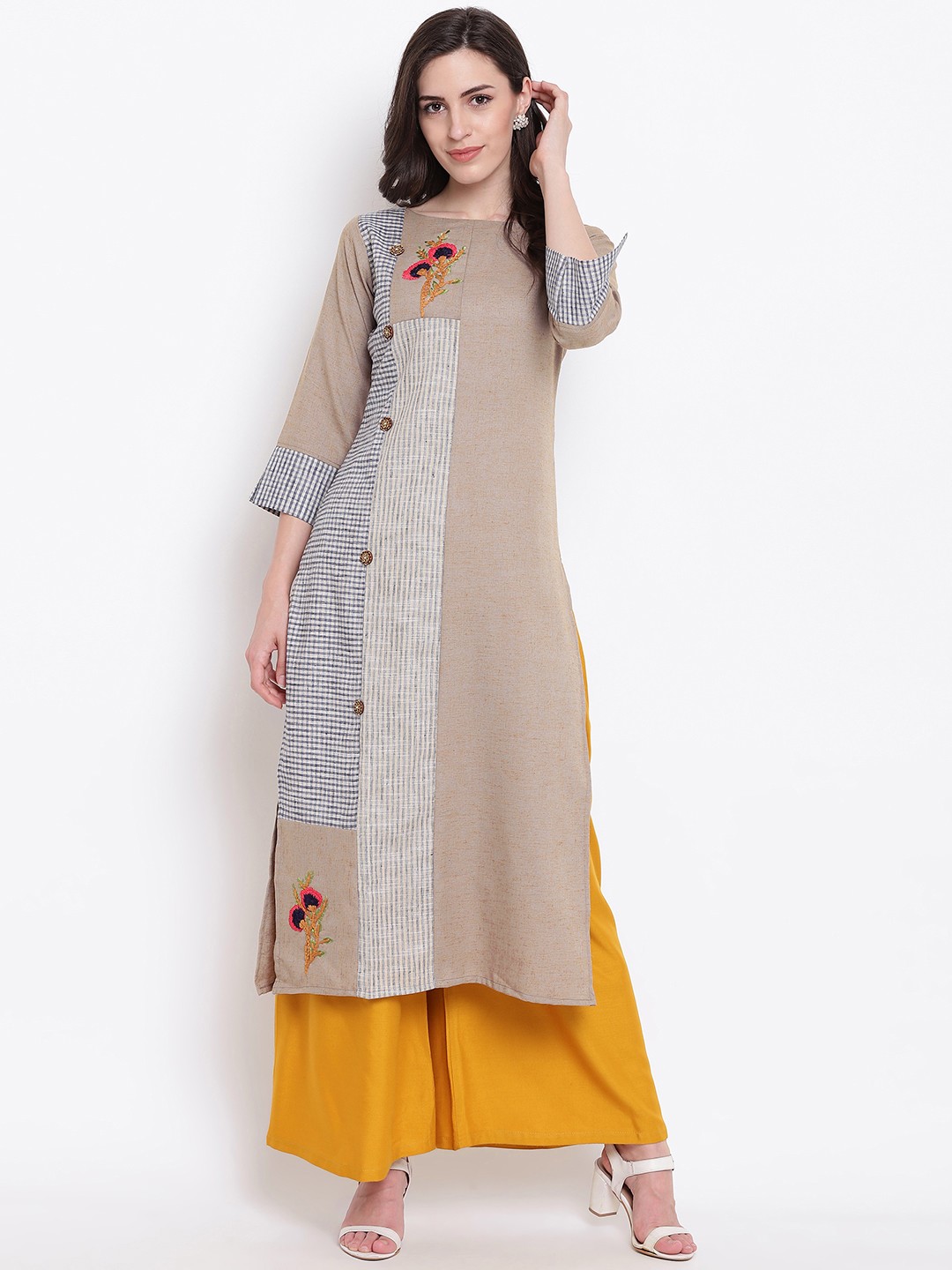 

Kvsfab Women Brown & Blue Striped Straight Kurta