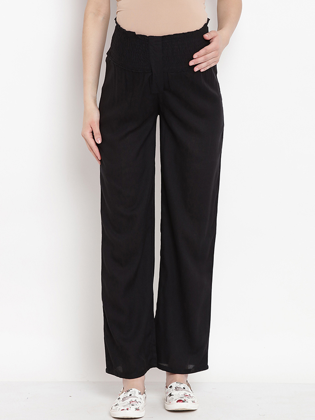 

Mine4Nine Women Black Comfort Regular Fit Solid Parallel Maternity Trousers