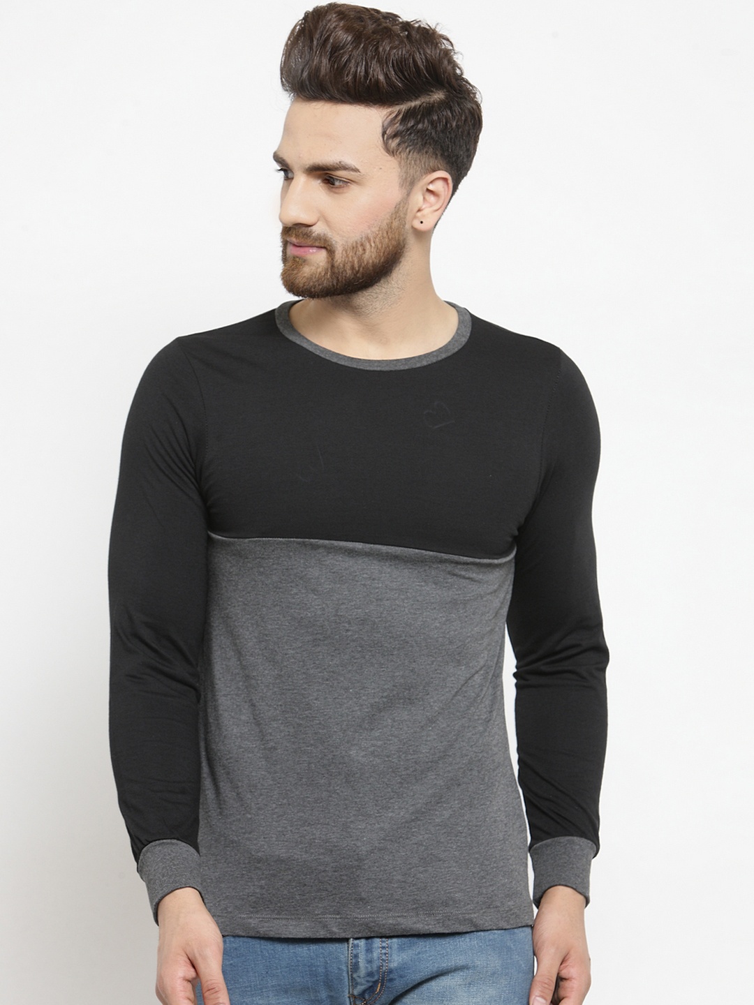 Kalt Men Black & Grey Colourblocked Round Neck T-shirt