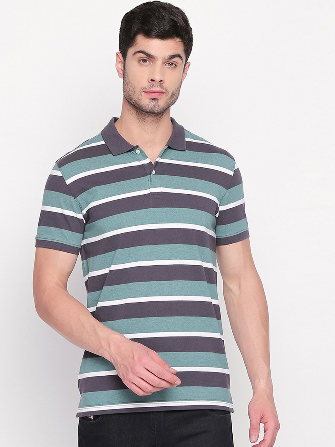 

BYFORD by Pantaloons Men Green Striped Polo Collar T-shirt