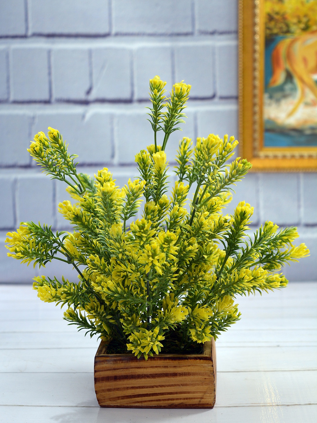 

fancy mart Yellow & Green Artificial Flowers and Plants In Wood Square Pot