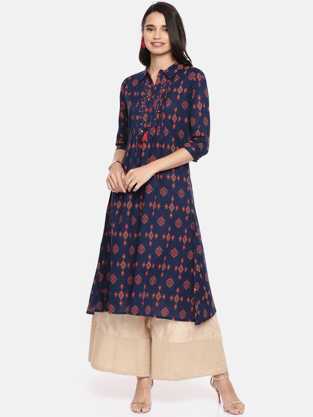 Alena Women Navy Blue & Pink Printed A-Line Kurta