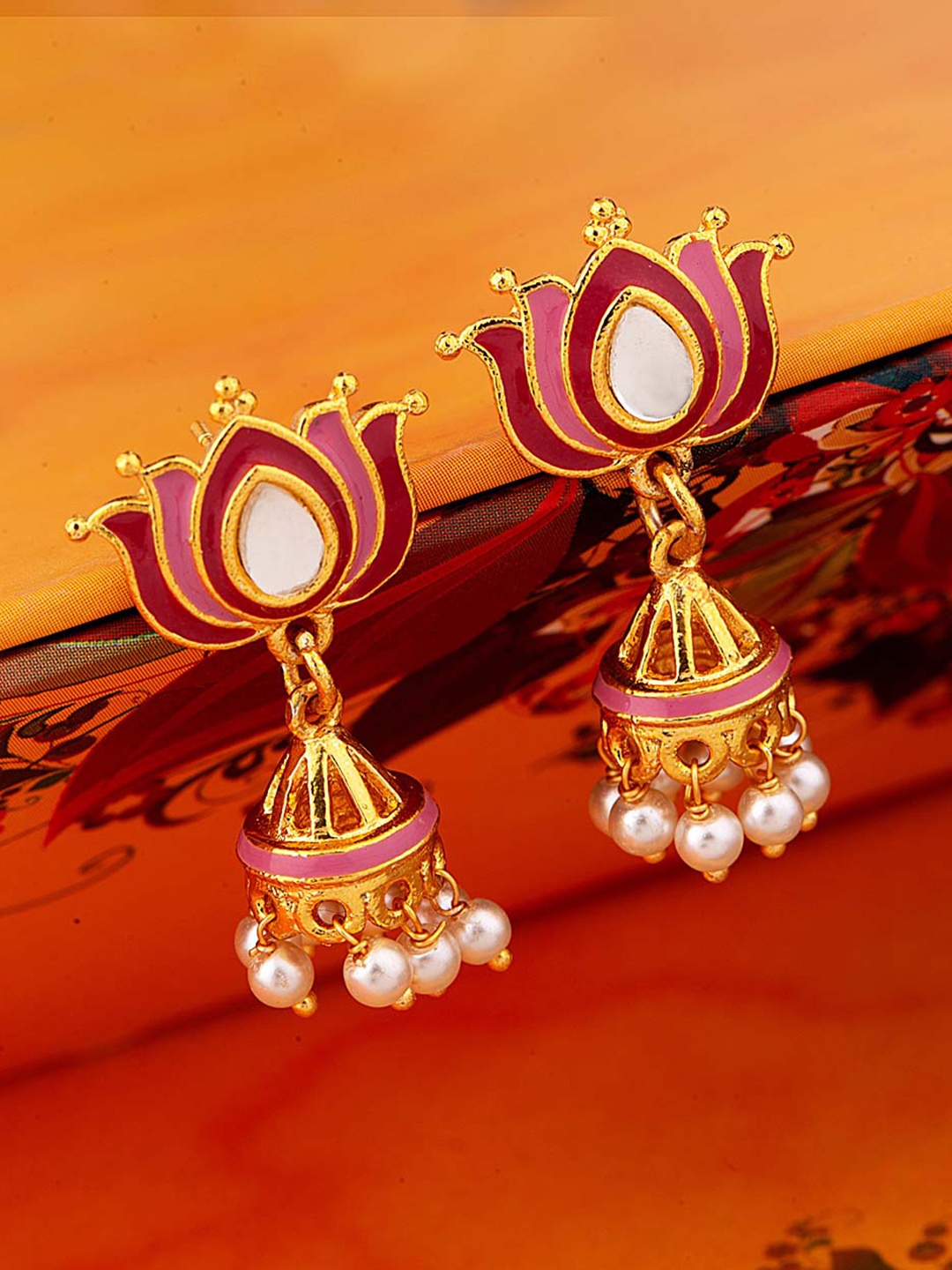 

Voylla Gold-Toned & White Dome Shaped Handcrafted Jhumkas