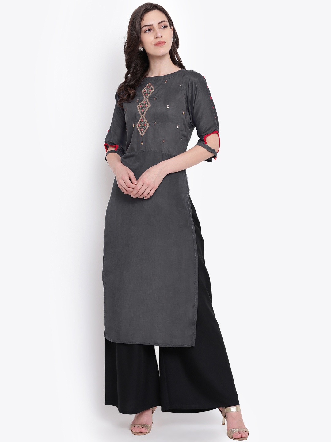 Kvsfab Women Grey Embellished Straight Kurta