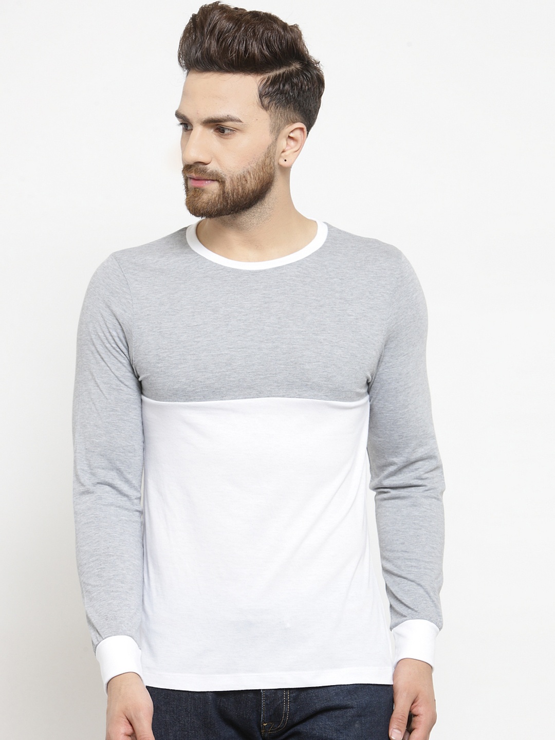 Kalt Men Grey & White Colourblocked Round Neck T-shirt