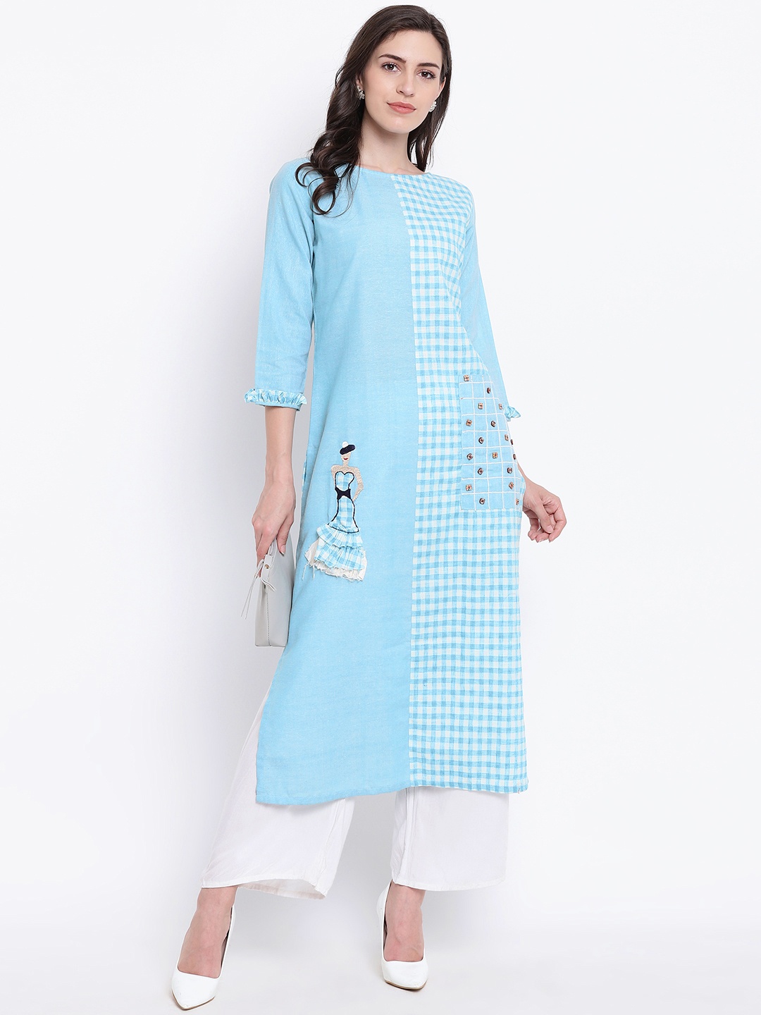 

Kvsfab Women Blue Checked Straight Kurta