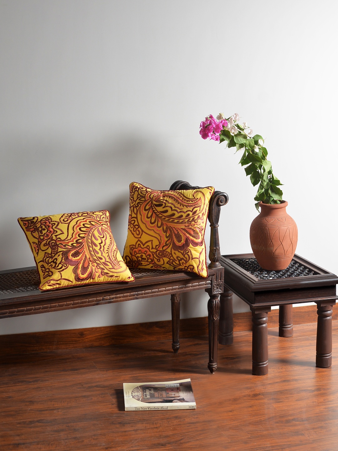 Deco Window Set of 2 Ethnic Motifs Square Cushion Covers, Yellow