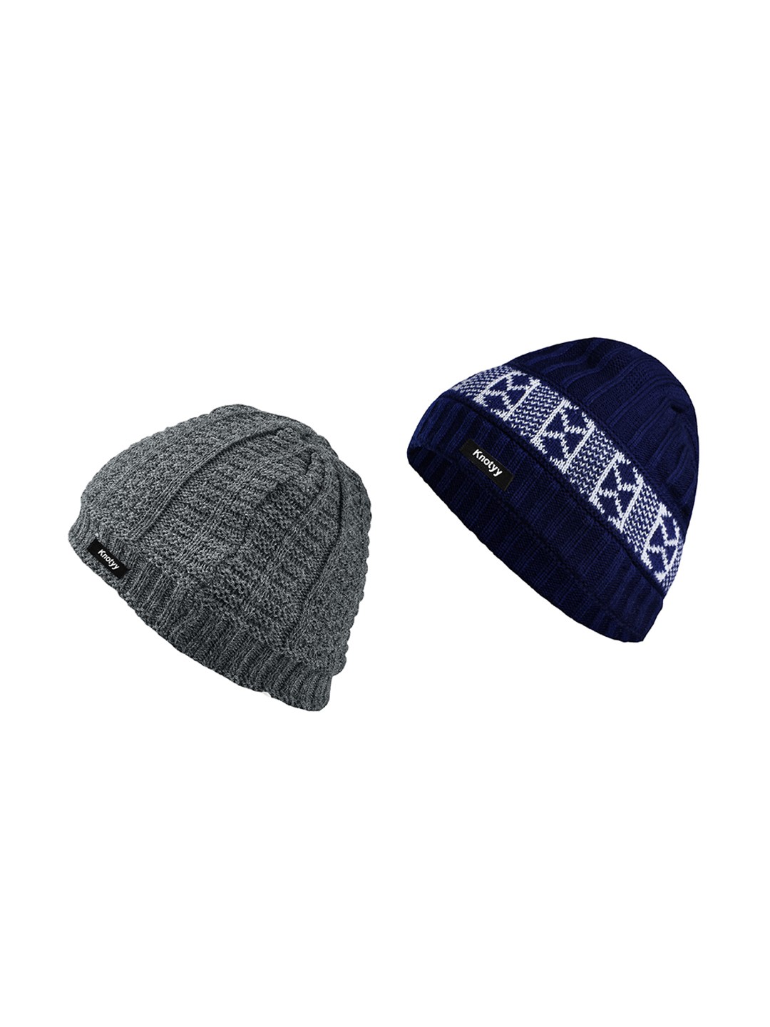 

Knotyy Men Pack of 2 Self-Design Beanies, Navy blue