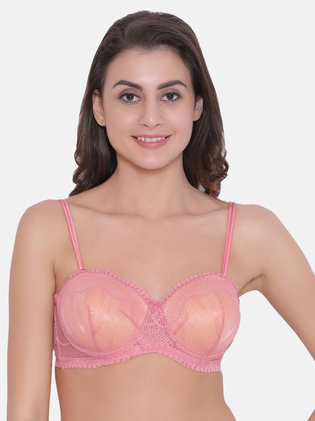 

Clovia Lace Padded Underwired Multiway Strapless Bra, Pink