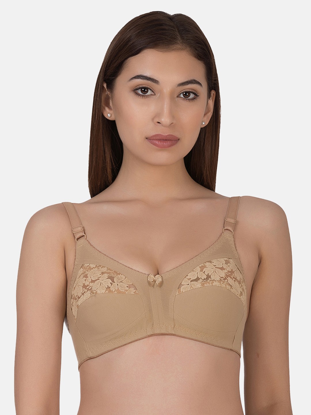

Clovia Cotton & Lace Non-Padded Non-Wired Full Cup Bra, Beige