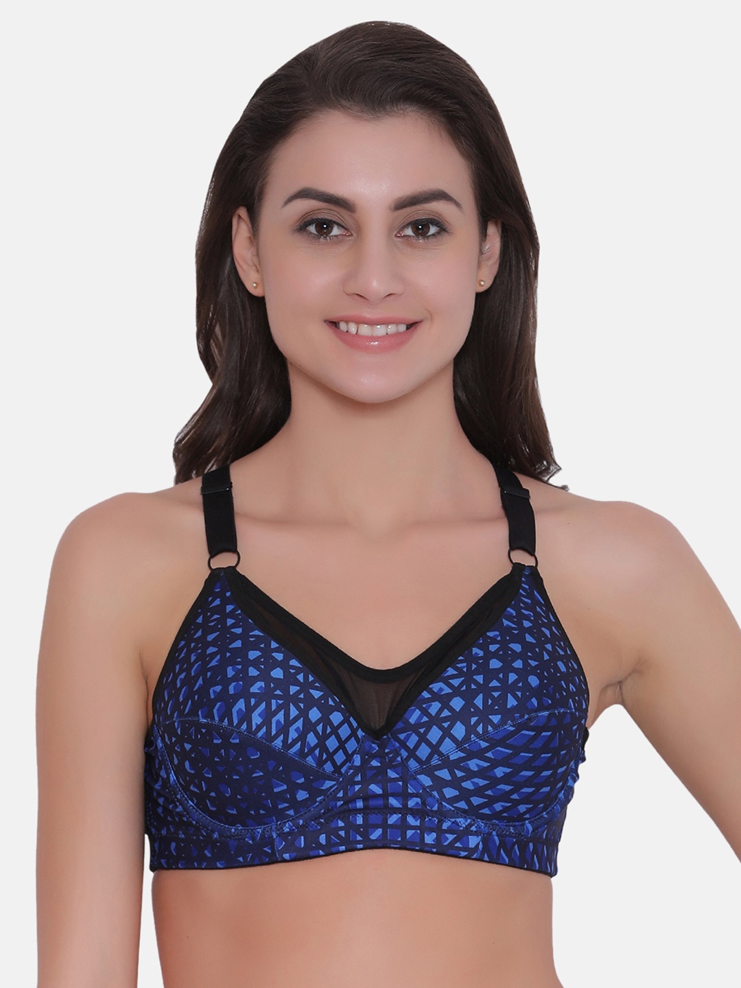 

Clovia Blue Padded Underwired Printed Push-Up Bra With Crisscross Back
