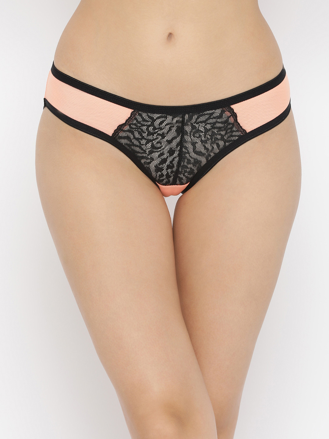 

Clovia Women Peach-Coloured & Black Self-Design Mid Rise Lace Bikini Briefs PN3175R13XL