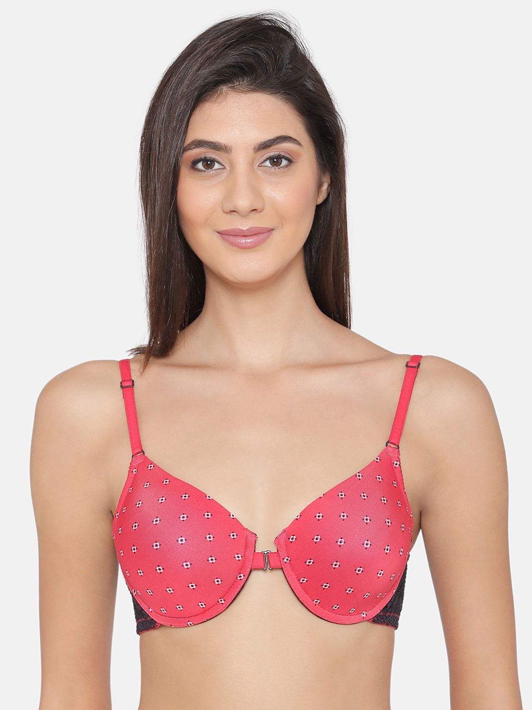 

Clovia Padded Underwired Printed Front-Open Lace Back T-Shirt Bra, Pink