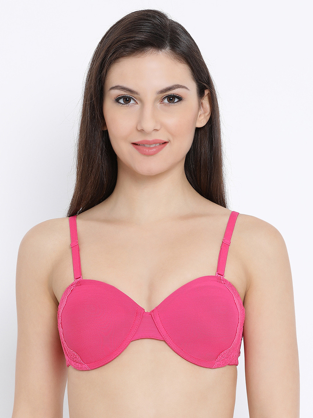 

Clovia Lace Lightly Padded Underwired Balconette Bra, Pink