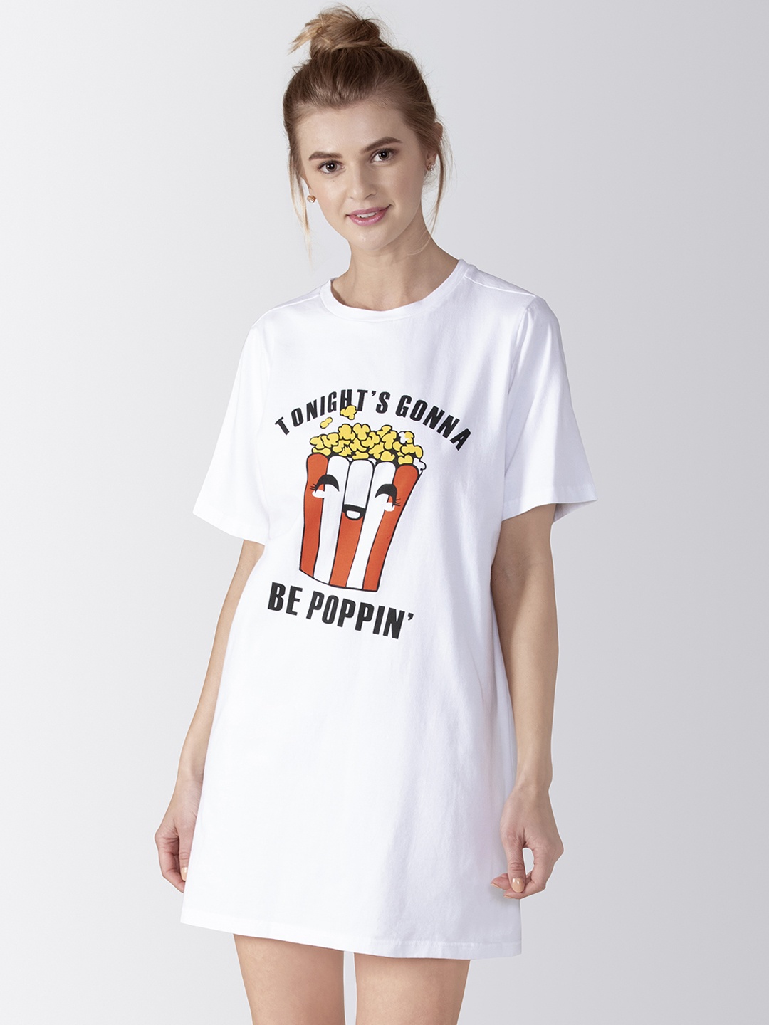 

ADORENITE Women White Slogan Detail Half Sleeves Cotton Nightdress DR012