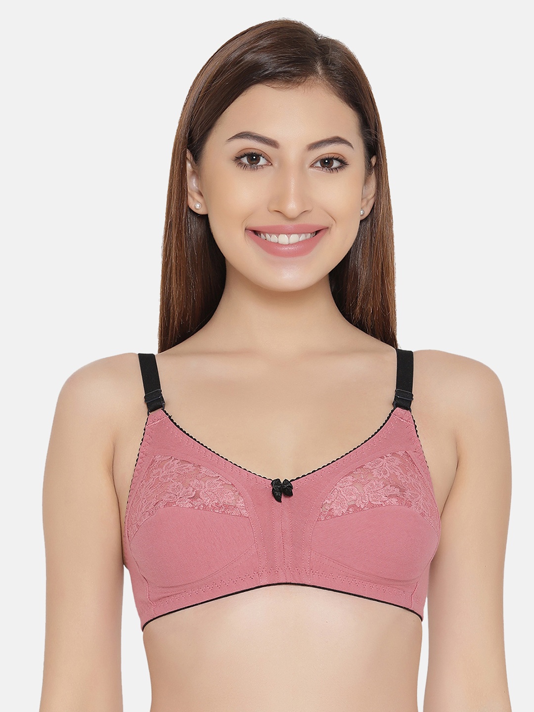 

Clovia Cotton & Lace Non-Padded Non-Wired Full Cup Bra, Pink