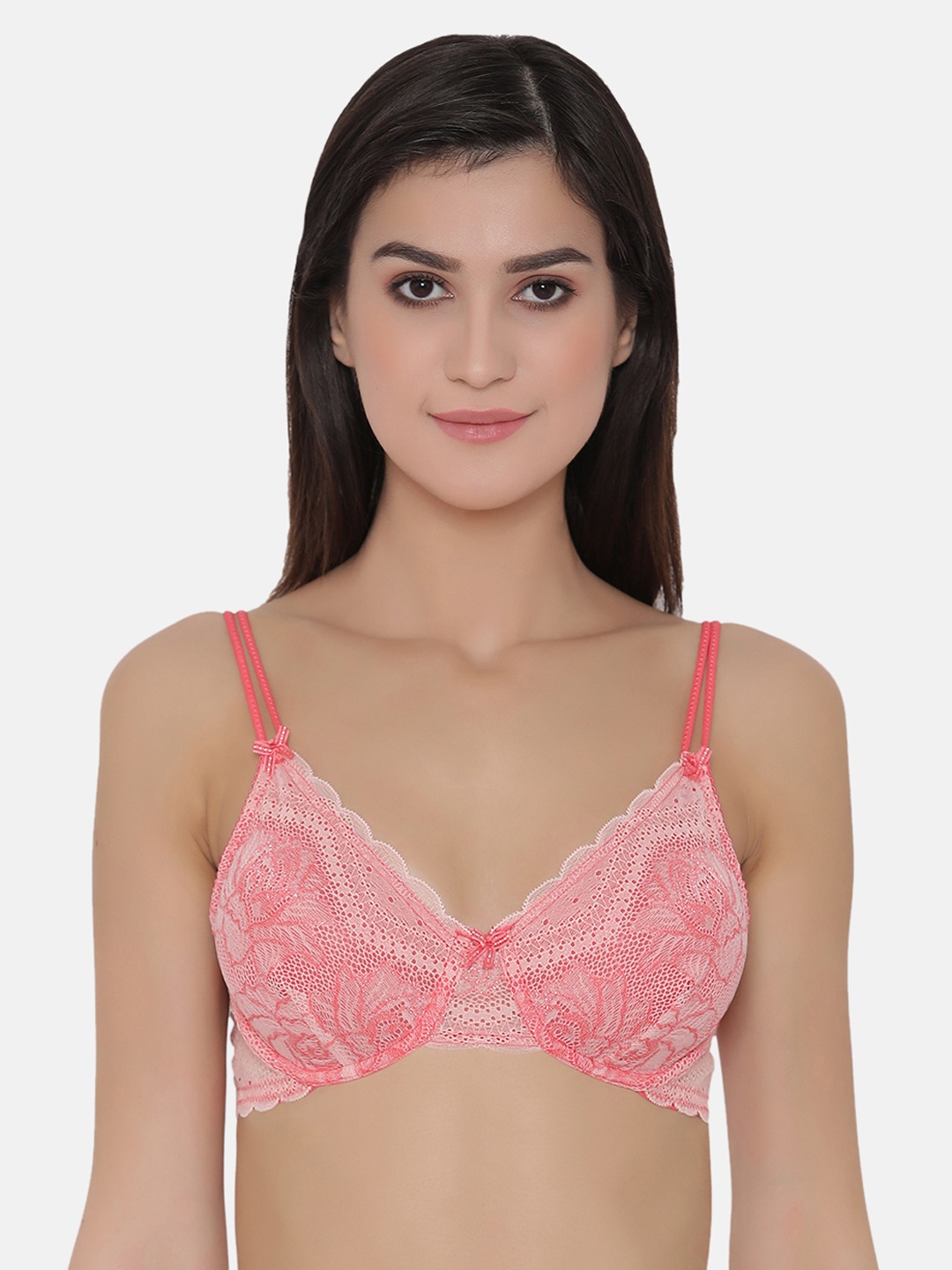 

Clovia Lace Non-Padded Underwired Bra, Pink