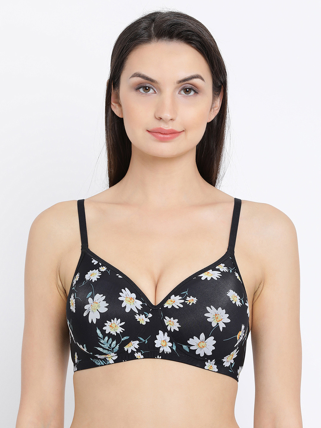 

Clovia Padded Non-Wired Floral Print T-Shirt Bra, Black