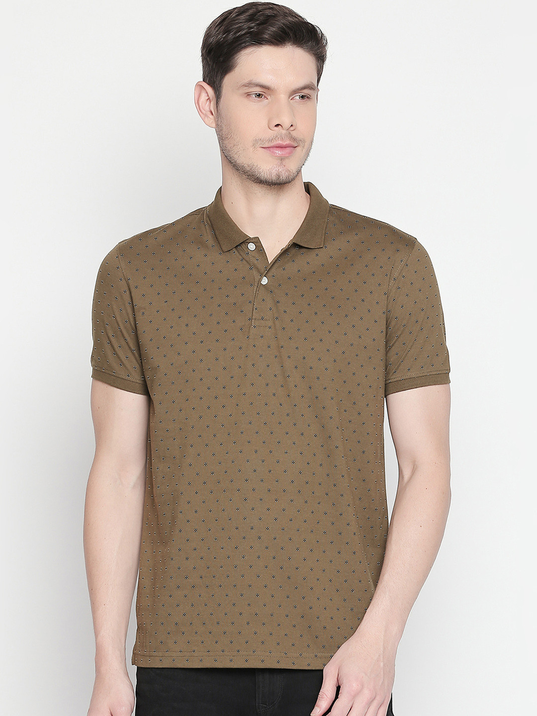 

BYFORD by Pantaloons Men Olive Brown Pure Cotton Printed Polo Collar Slim Fit Pure Cotton T-shirt