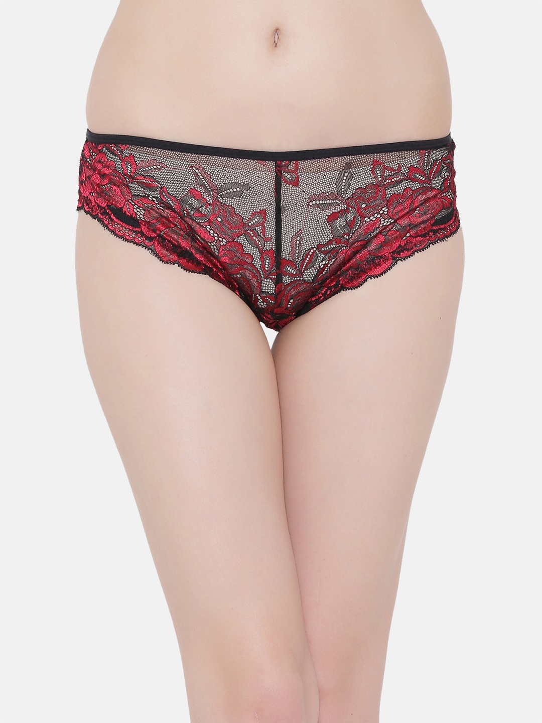 

Clovia Women Black & Red Self Design Lace Low Waist Bikini Brief PN2643R04XL
