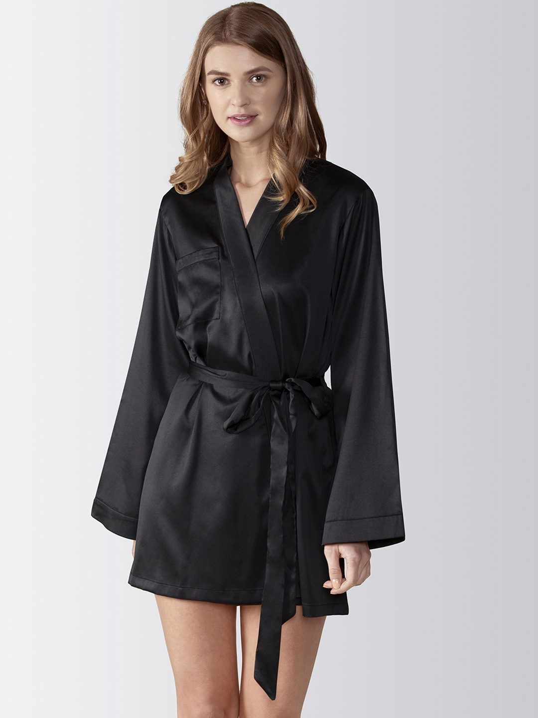 

Adorenite Women Black Satin Robe with J'adore Sleep Embroidery Detail