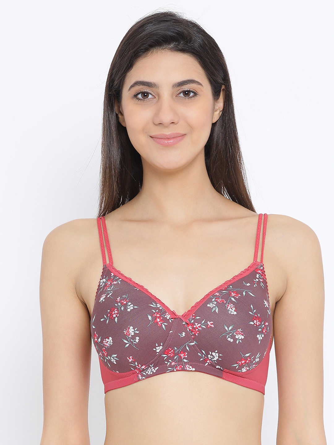 

Clovia Lightly Padded Non-Wired Floral Print T-Shirt Bra, Brown