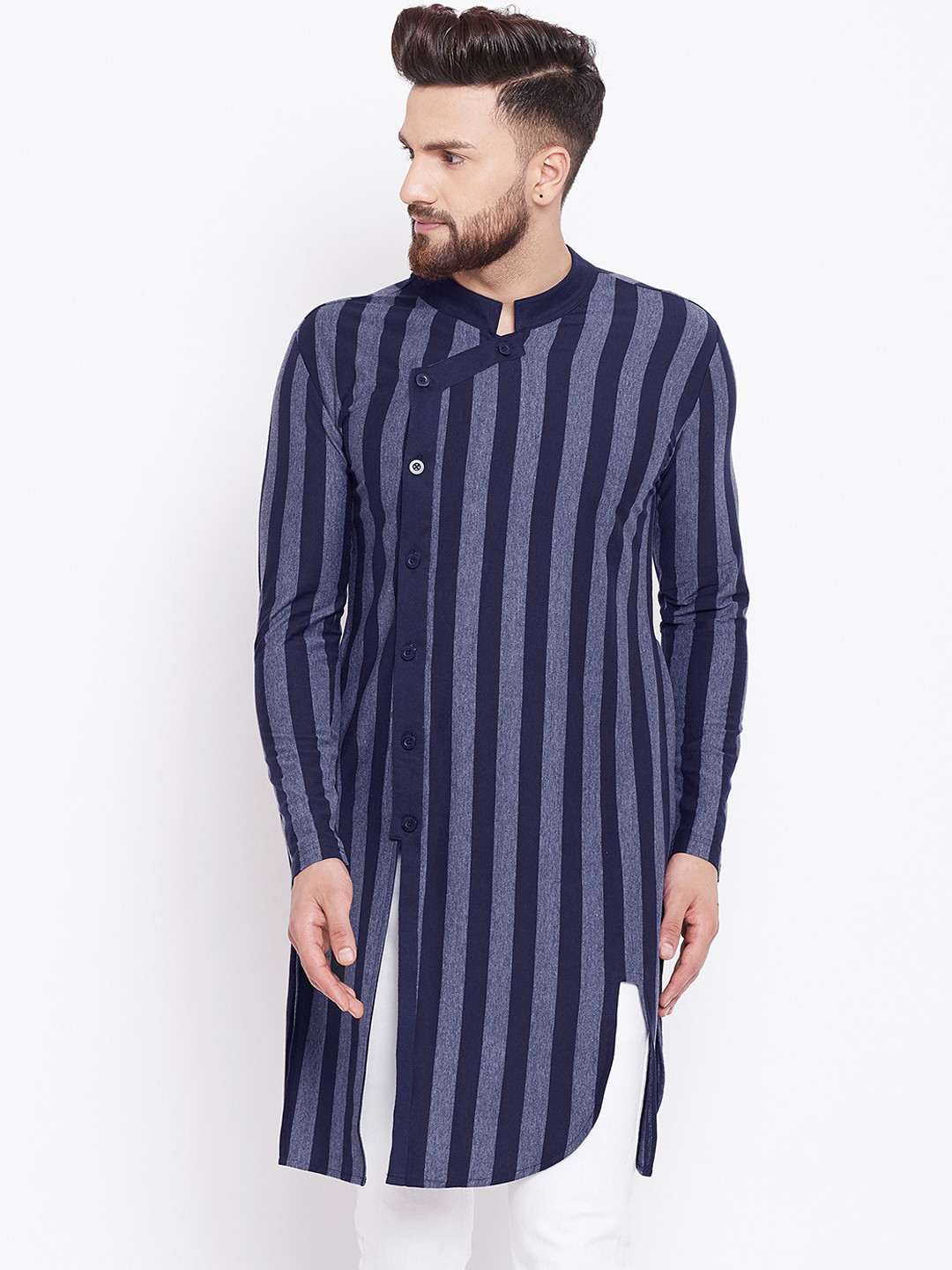 

Hypernation Men Blue & Grey Striped Straight Kurta